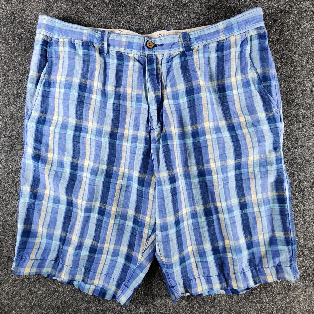 Tommy Bahama Linen Blend‎ Shorts Men's 35 Blue Plaid Flat Front Casual Logo